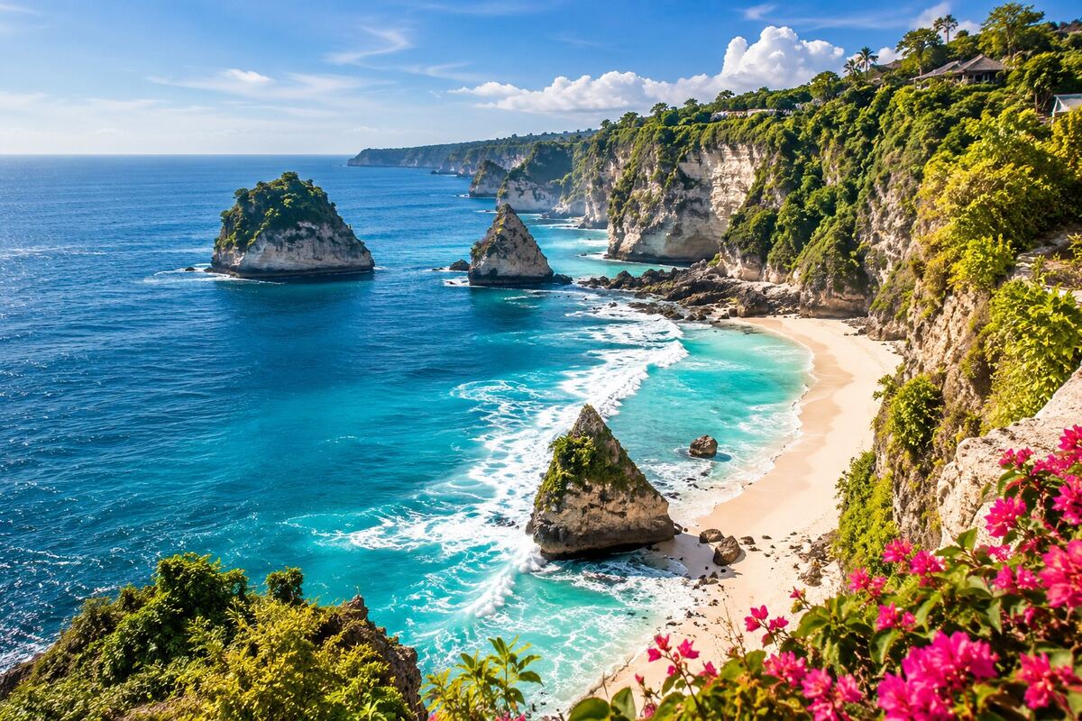 Bright illustrative Bali-inspired tropical coast with turquoise water, limestone cliffs and sandy beach